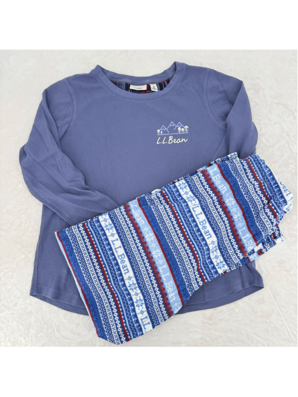 L.L. Bean Fair Isle Logo Pajamas Blue Waffle Shirt Flannel Pants Vintage Medium